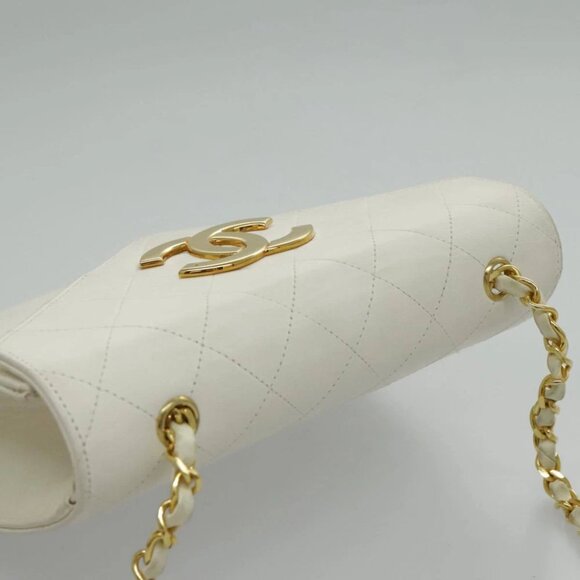 CHANEL Matelasse Big COCO Mark Chain Bag Lamb Skin White Gold CC Auth yk15609AV - Picture 7 of 15